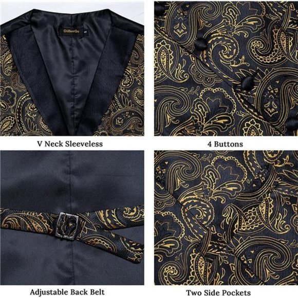 men's Wedding Paisley Suit Vest, Black Gold Slim Fit - Picture 6 of 6